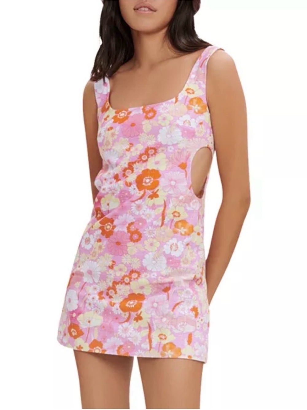 Maje Risella Flower Power Mini Tank Dress Cutouts Pink Yellow Floral
